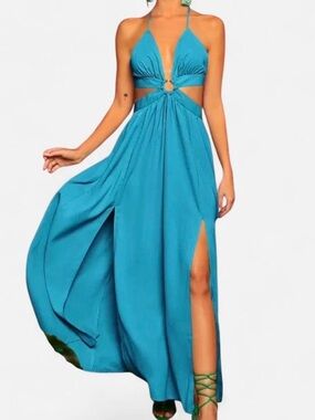 SHEIN Teal Halter Ring Cutout Maxi Dress